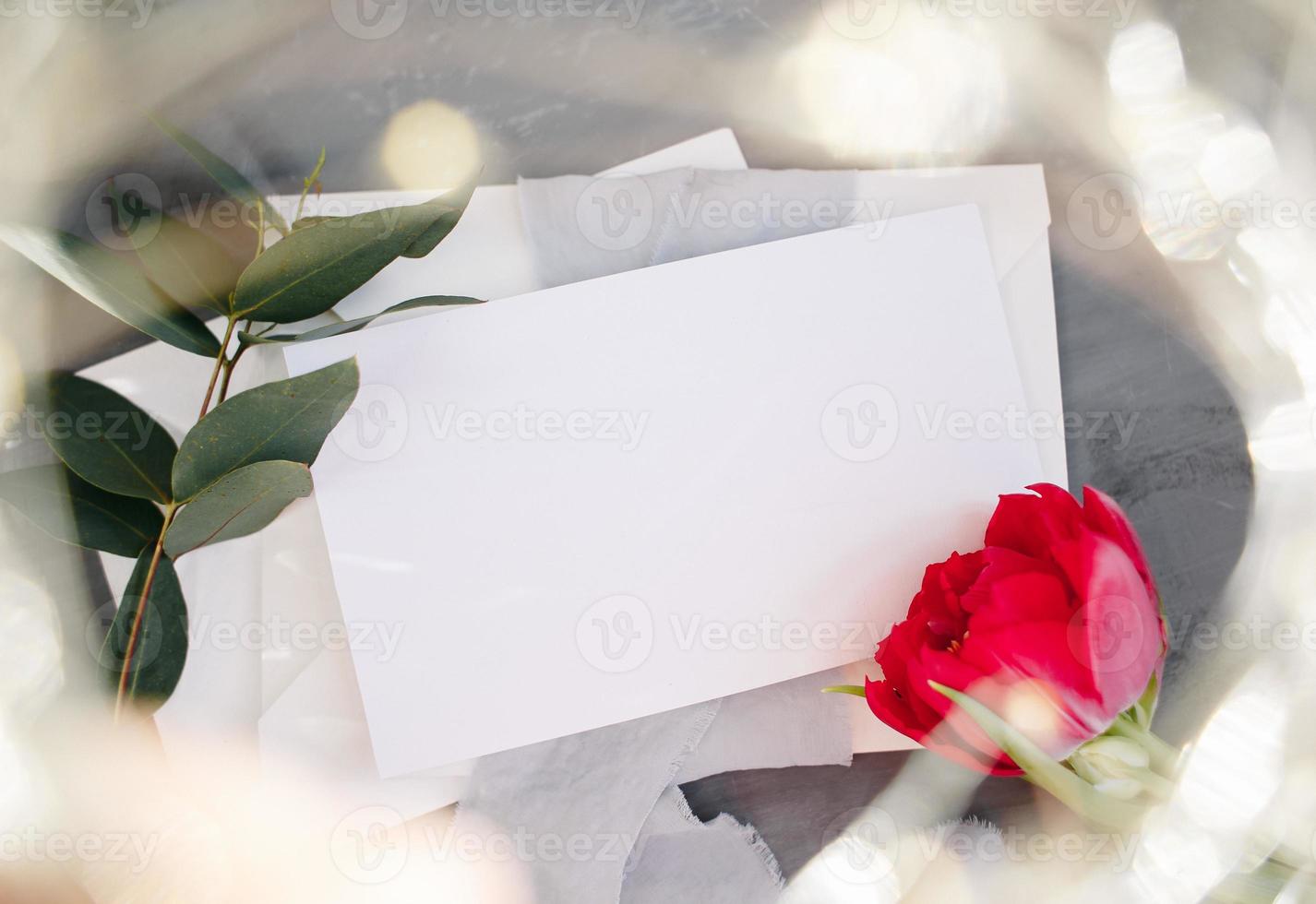 Blank paper copy space. Frame with flowers. Silk ribbon. Gray background. Simple bouquet. Greeting card. photo