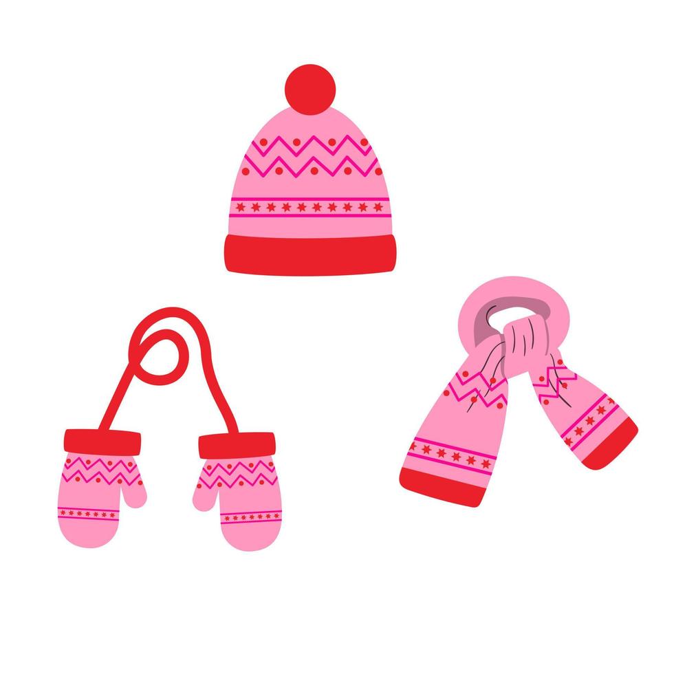 conjunto de gorro, bufanda, manoplas rosas con estampado, invierno. vector