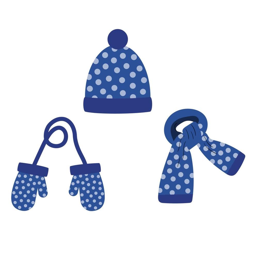 set of hat, scarf, mittens of blue color with blue polka dots, winter vector
