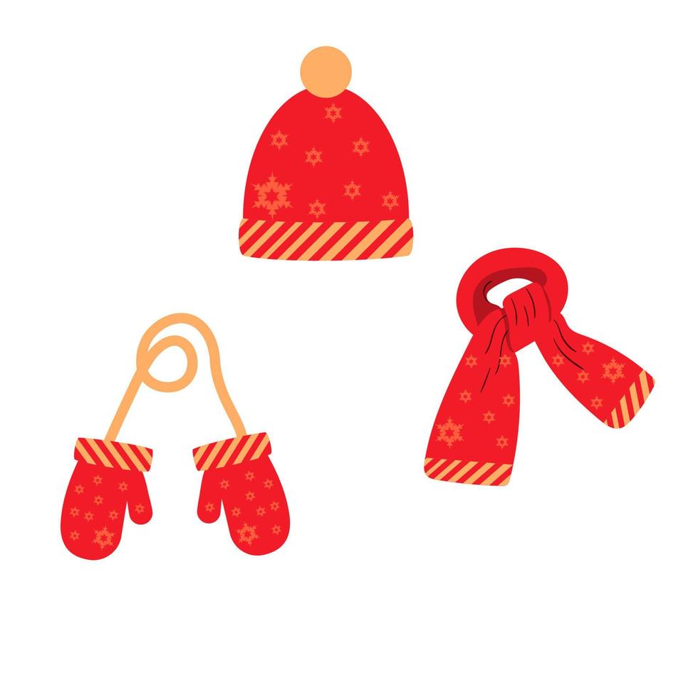set of hat, scarf, mittens in red with a snowflake pattern, winter vector