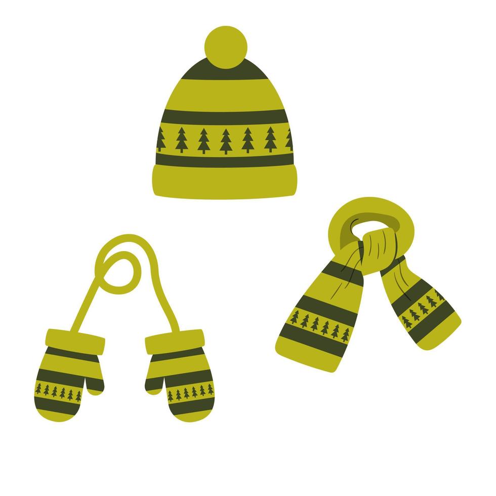 set of hat, scarf, mittens of green color with a pattern, winter vector