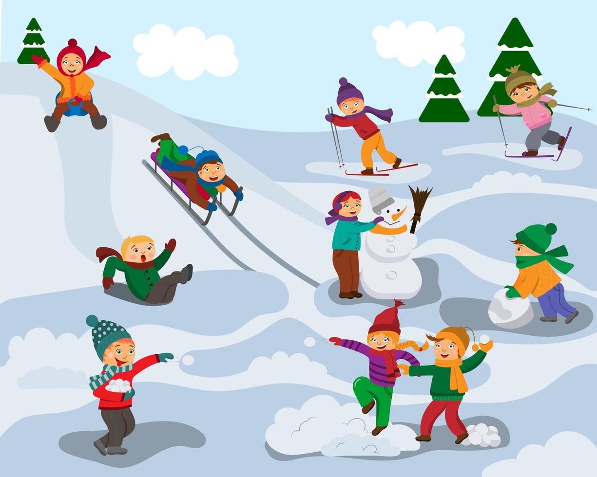 actividades al aire libre de invierno con niños y un muñeco de nieve. en invierno, los niños juegan bolas de nieve, hacen un muñeco de nieve, andan en trineo y esquían al aire libre vector