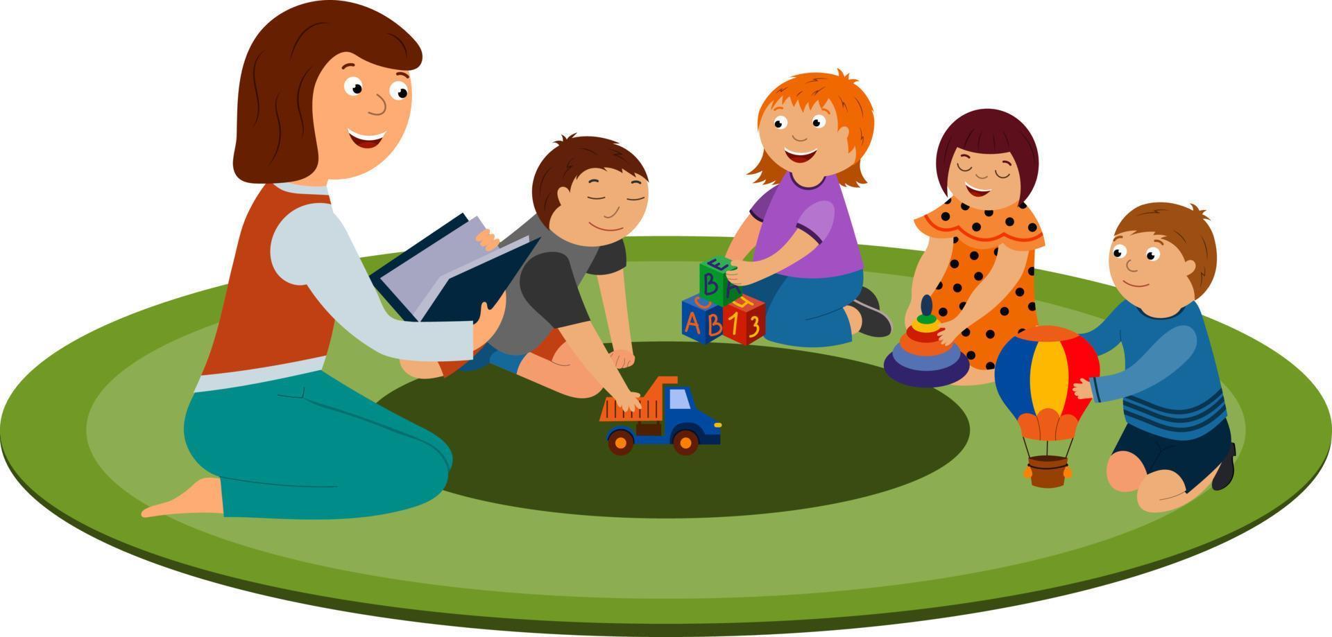 Children are sitting on the carpet with the teacher, the teacher is reading a book, children are playing with toys vector