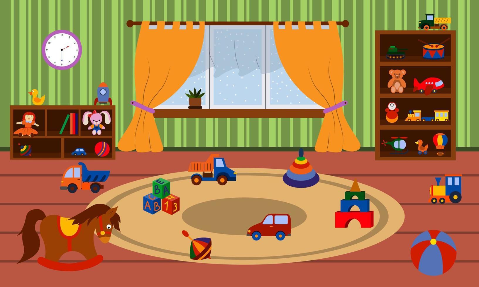 The interior of a kindergarten room is a flat vector illustration. Cozy playroom with furniture and toys. Kindergarten environment for teaching children and games.