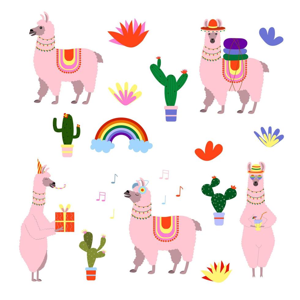 set of cute cartoon llamas, vector