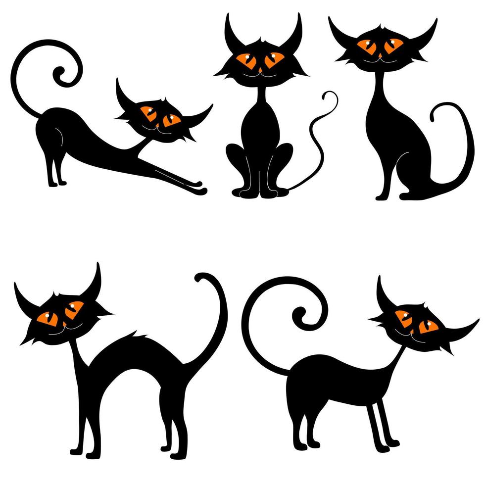 conjunto de gatos negros en diferentes poses con ojos brillantes, vector aislado en un fondo blanco, halloween
