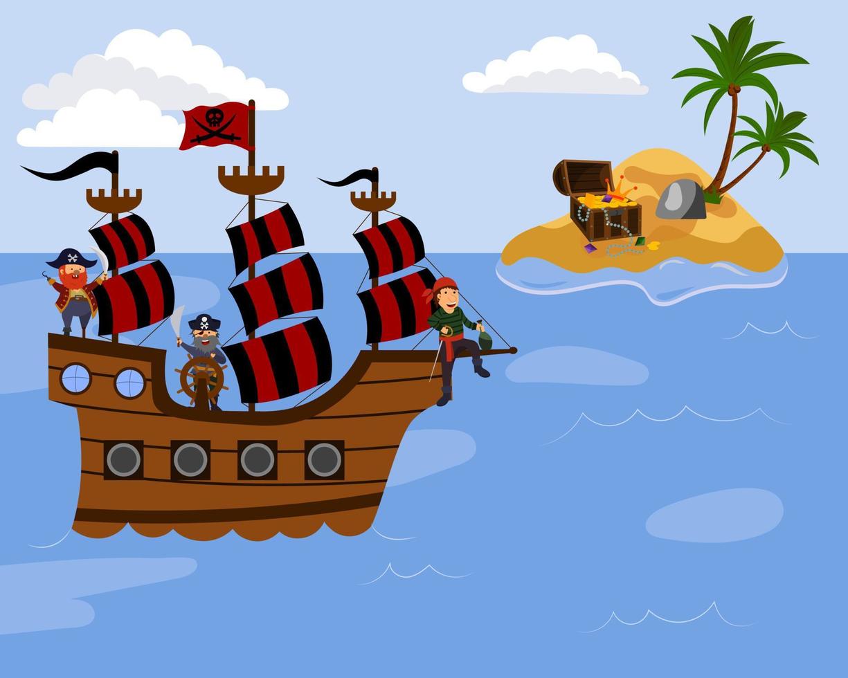 caricatura, vector, ilustración, de, piratas, navegación, en, un, barco, a, un, isla, aislado, en, un, fondo blanco. vector