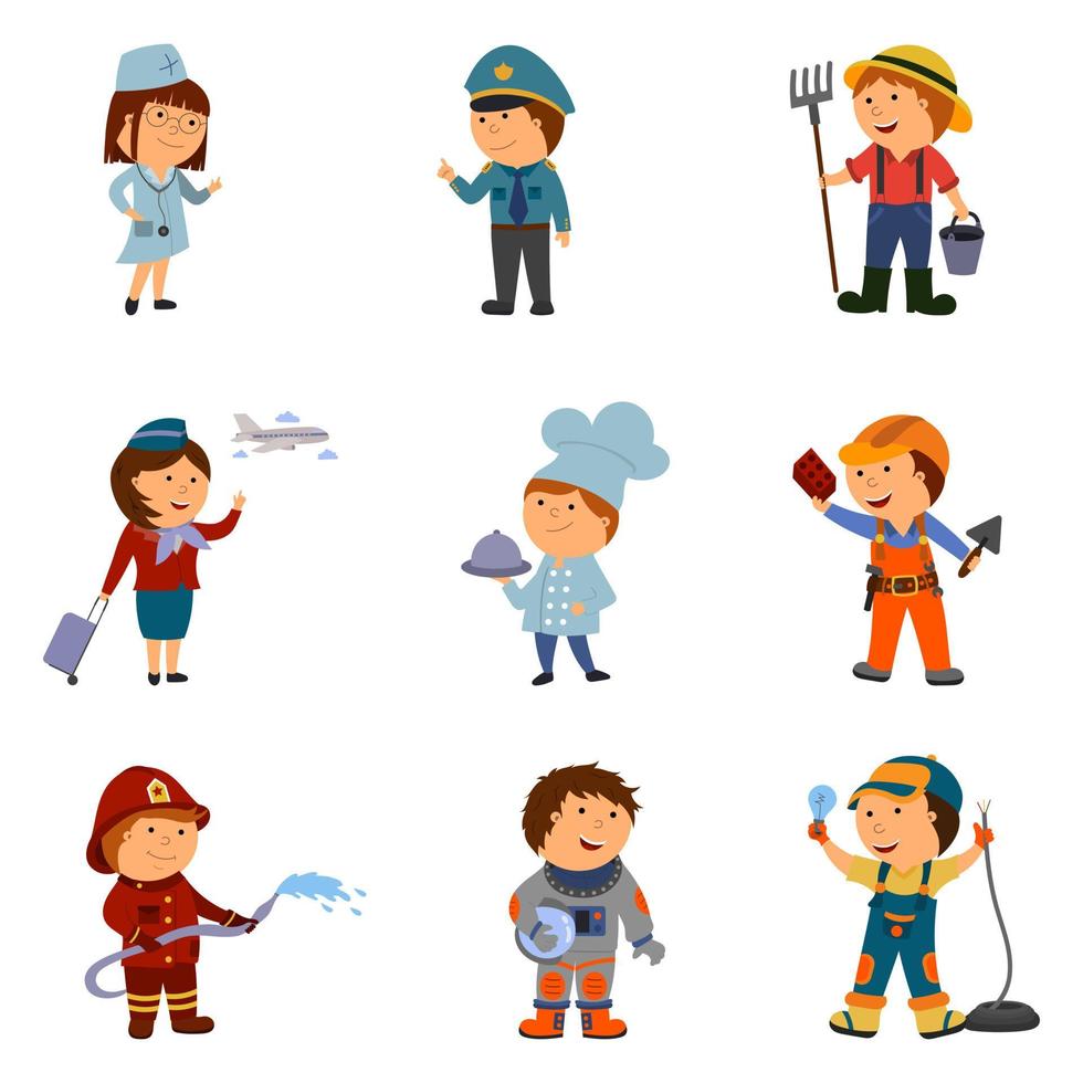 a set of cartoon children of different professions,  isolated on a white background. vector