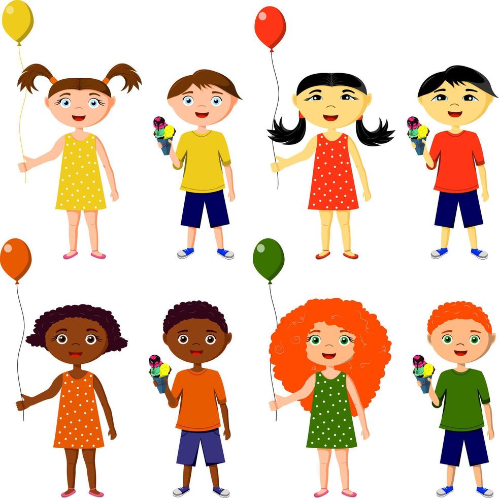 un conjunto de niños de diferentes nacionalidades del mundo en un vestido, pantalones cortos. set de 8 personajes, niños y niñas con globos y helado. África, China, Europa. vector