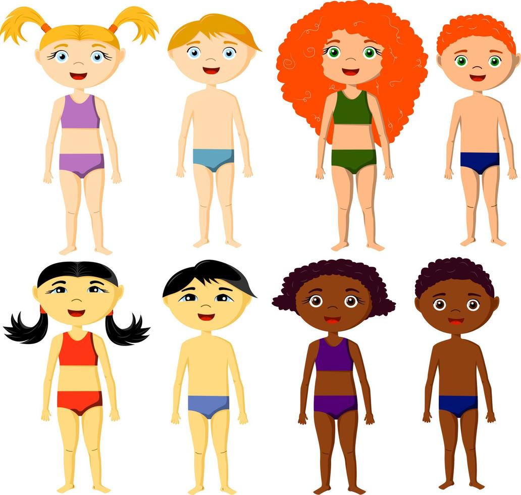 un conjunto de niños de diferentes nacionalidades del mundo. conjunto de 8 personajes, niños y niñas en ropa interior áfrica, china, europa. vector