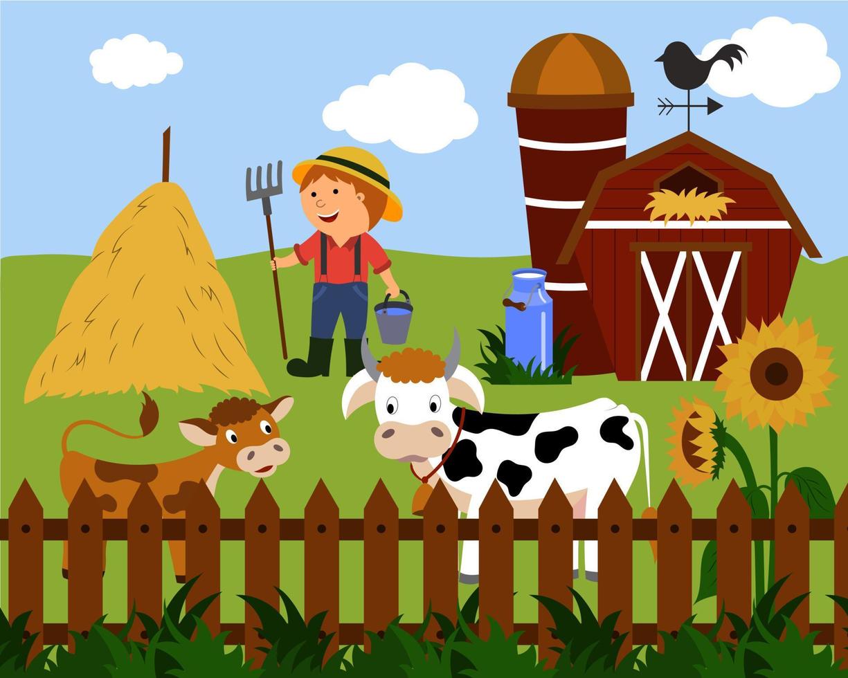 A summer landscape depicting farm animals cows and a barn, a farmer stands near hay. Happy farm. vector