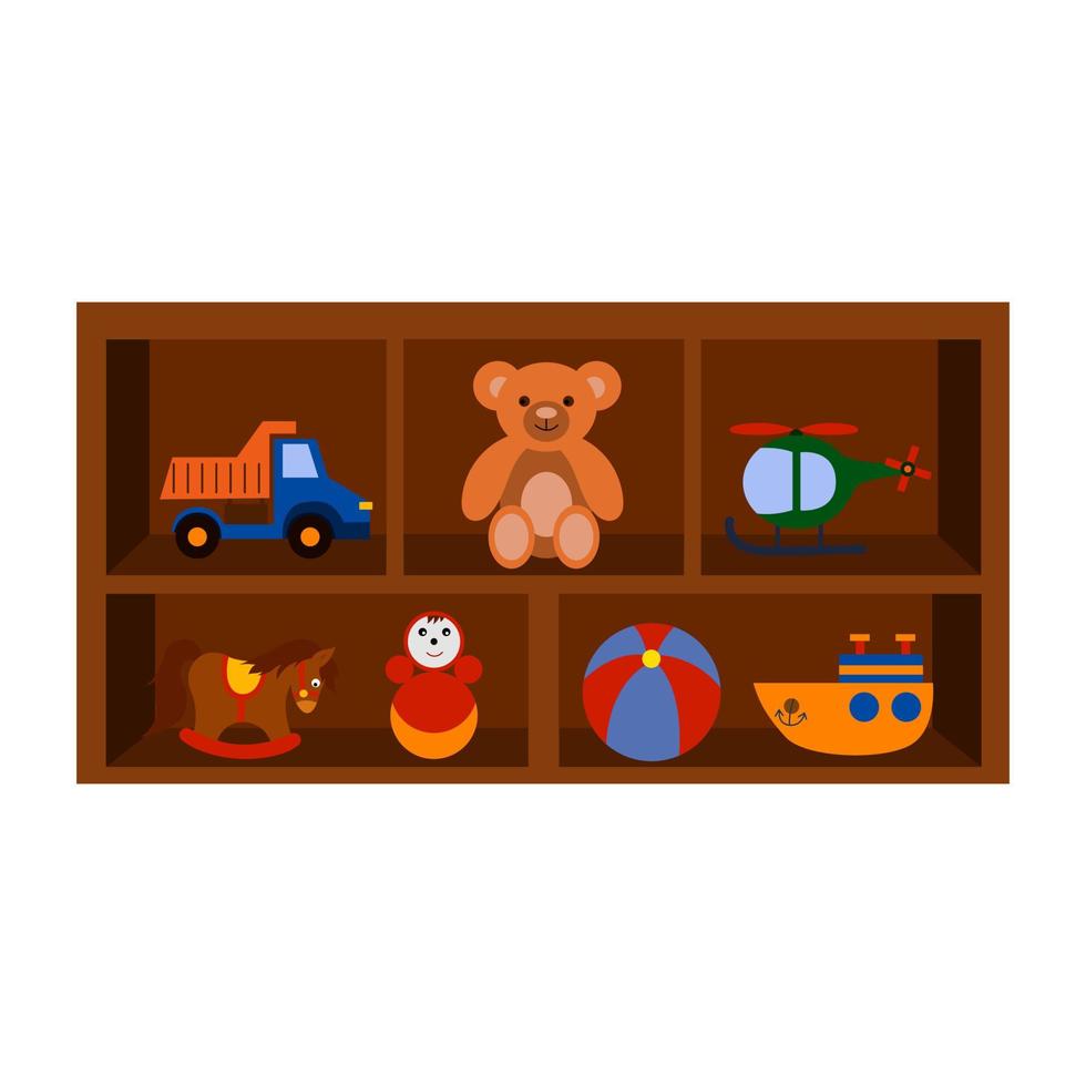 Different toys on a shelf, a cabinet with toys, vector