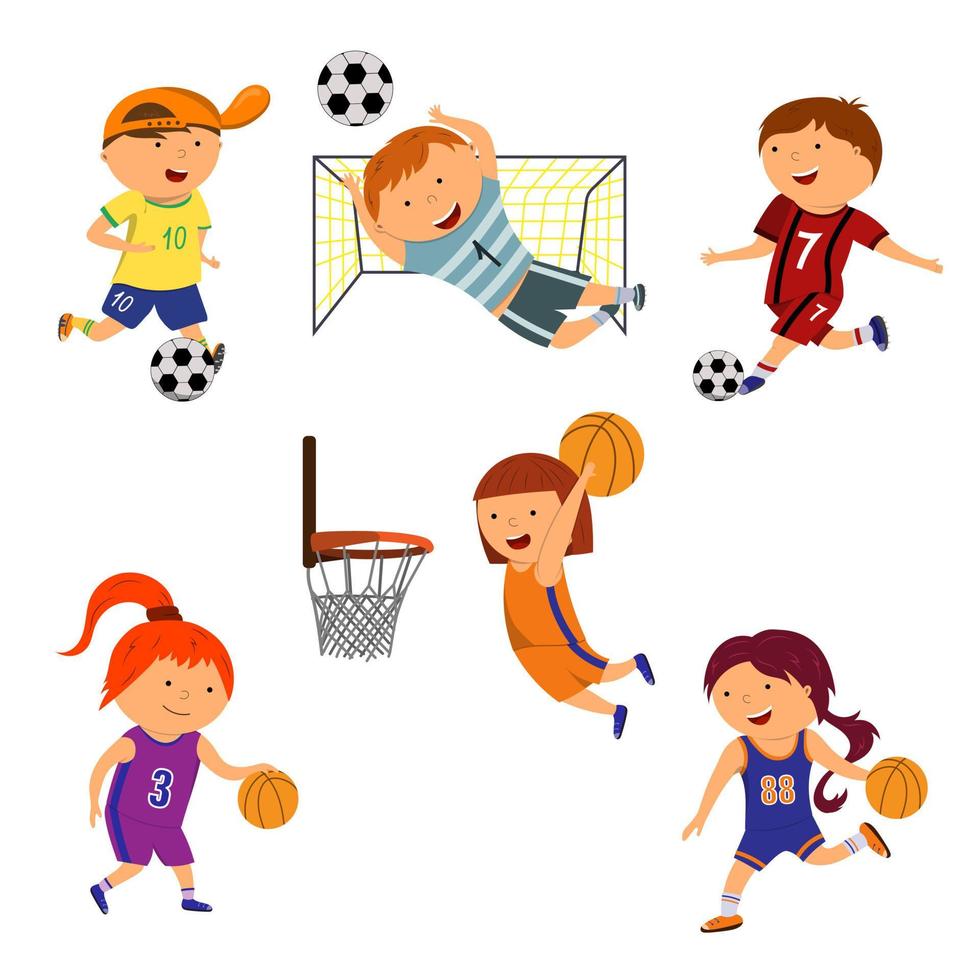 ilustración vectorial de niños y niñas jugando al fútbol y al baloncesto. un conjunto de lindos niños de dibujos animados aislados en un fondo blanco. vector