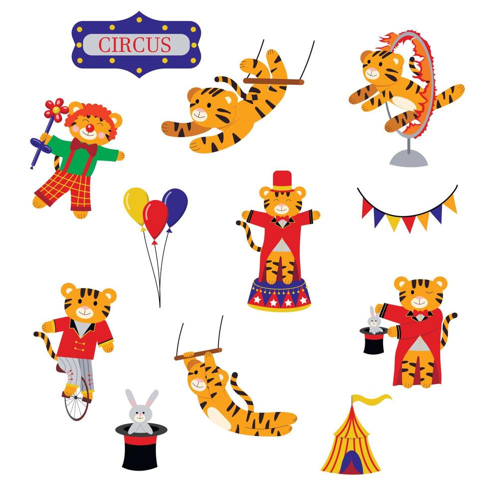 A set of cute cartoon tigers. Tigers are circus performers. the symbol of the year. vector