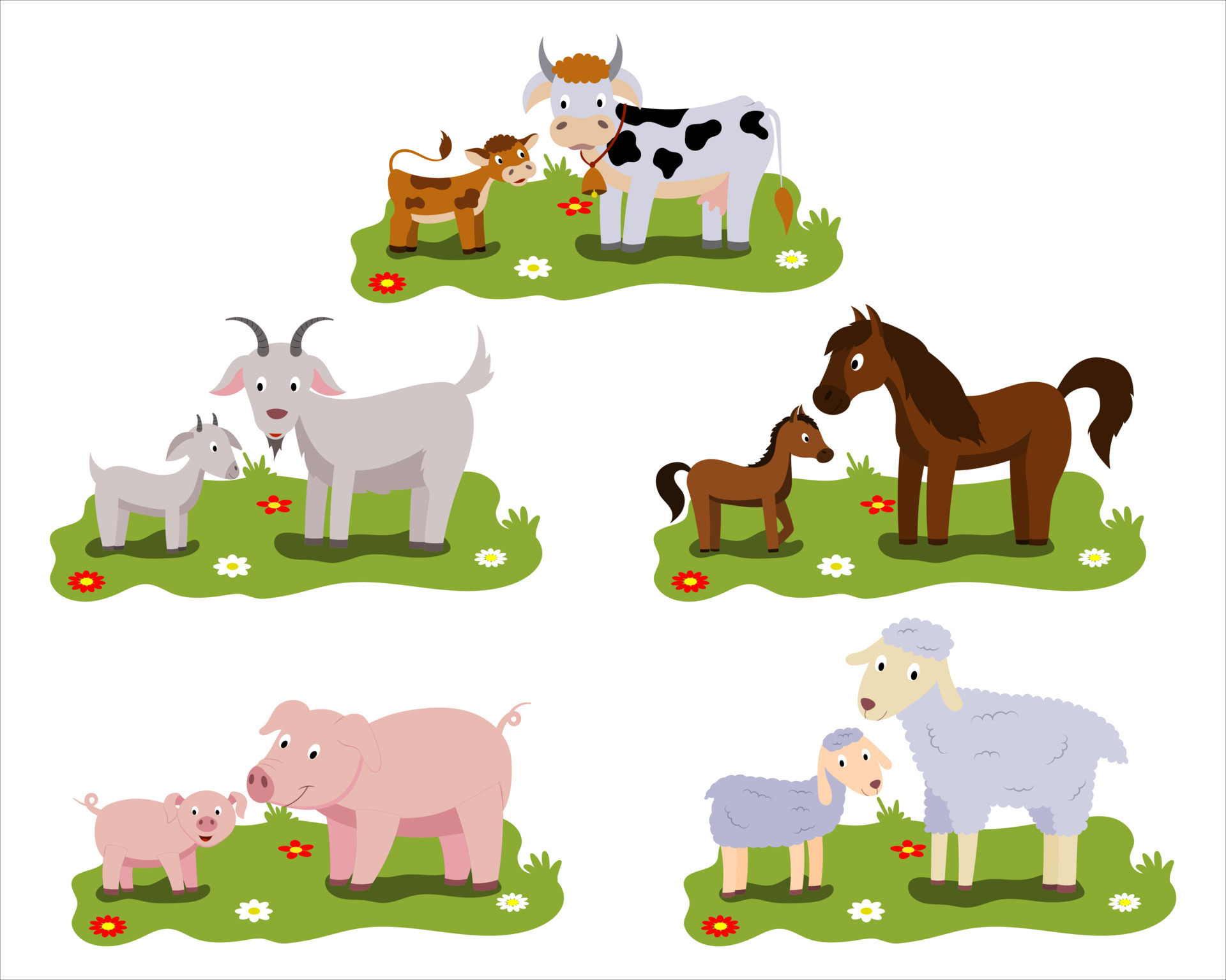 Cartoon family of farm animals, cute little animals and their mothers. A mother pig with a little piglet, a sheep and a lamb, a cow and a calf, a goat and a Cartoon family of farm animals, cute little animals and their mothers. A mother pig with a little piglet, a sheep and a lamb, a cow and a calf, a goat and a