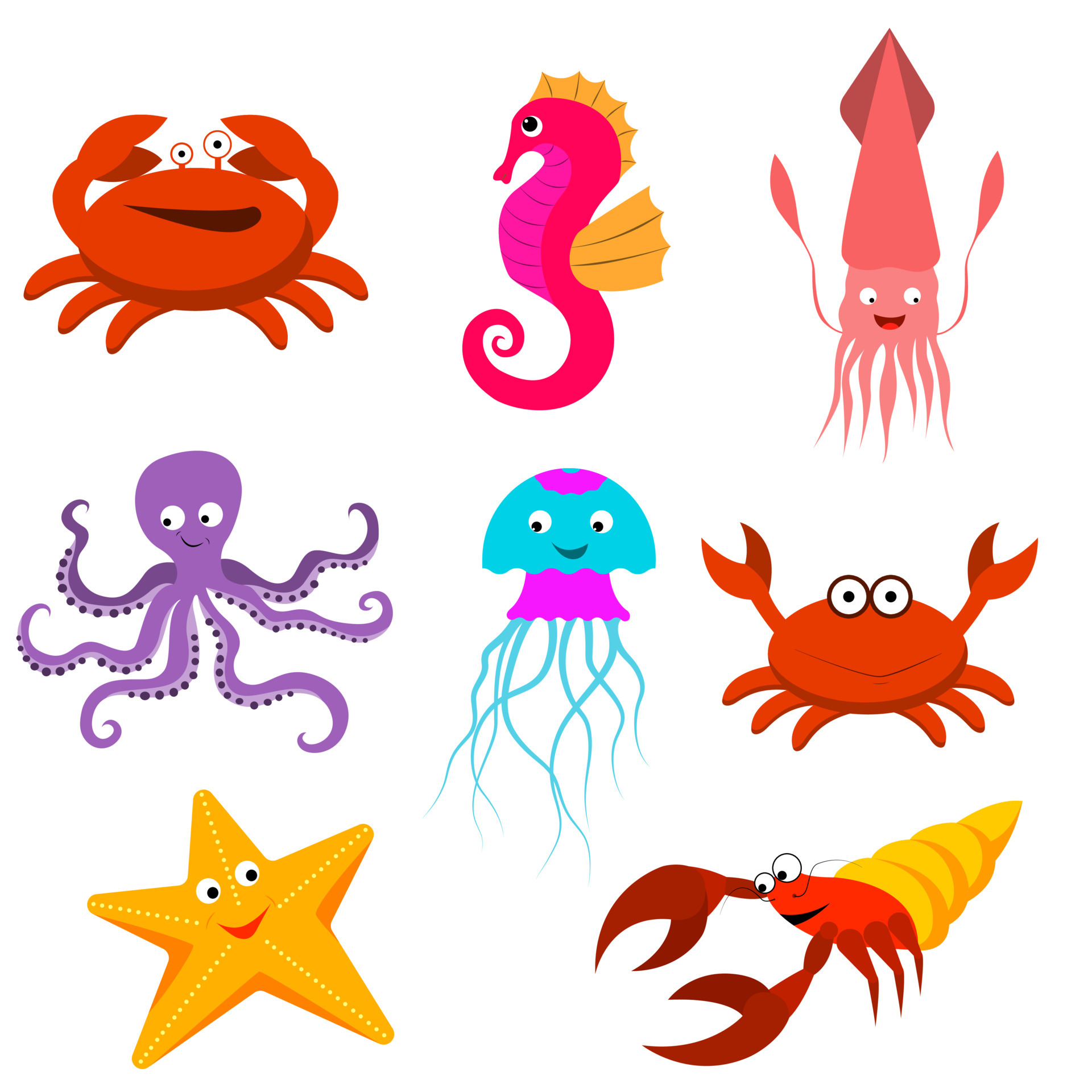 A set of cartoon sea animals. Jellyfish, squid, hermit crab, crab,  seahorse, starfish, octopus 6424895 Vector Art at Vecteezy