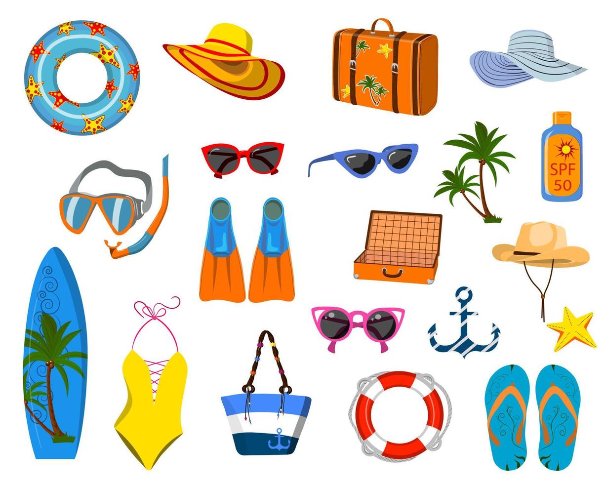 un conjunto de cosas para vacaciones, vacaciones en el mar, cosas de playa. vector
