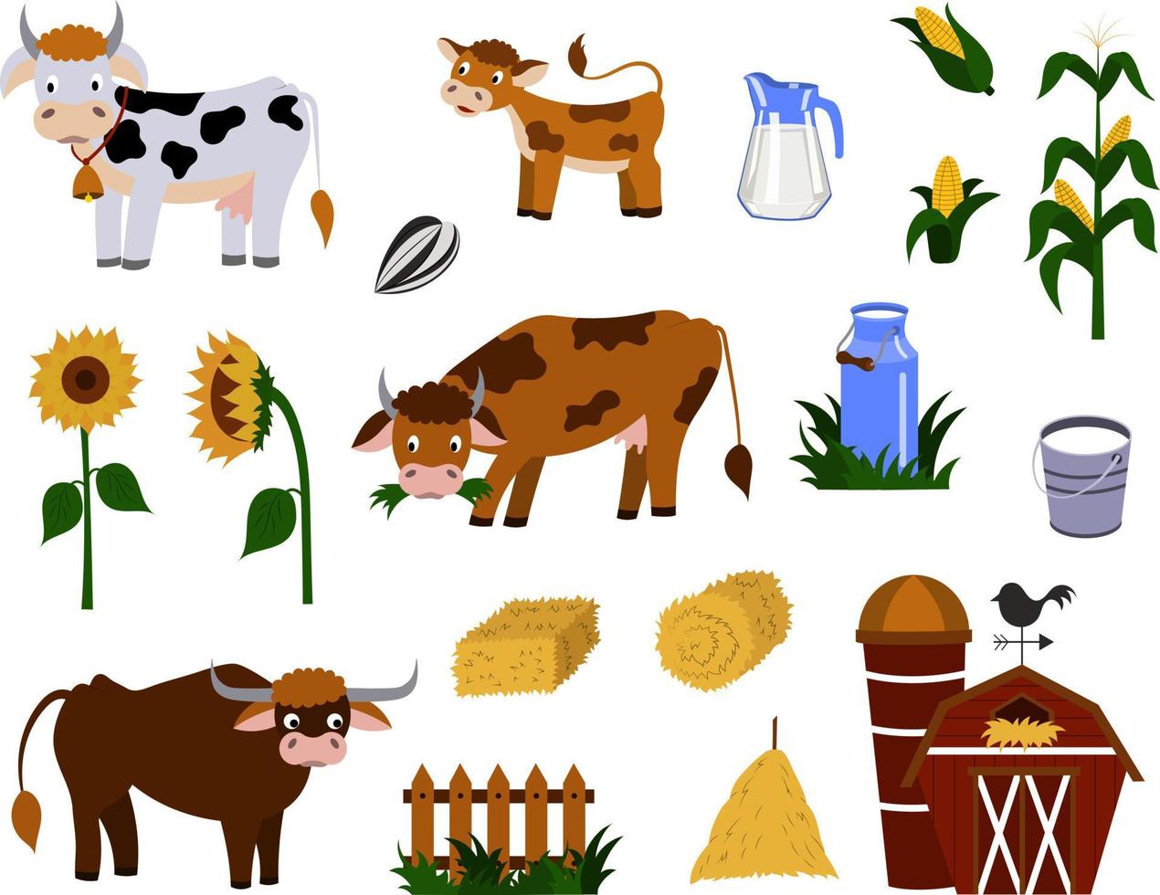 A set of farm animals and objects, a vector family of cows. Isolated on a white background.