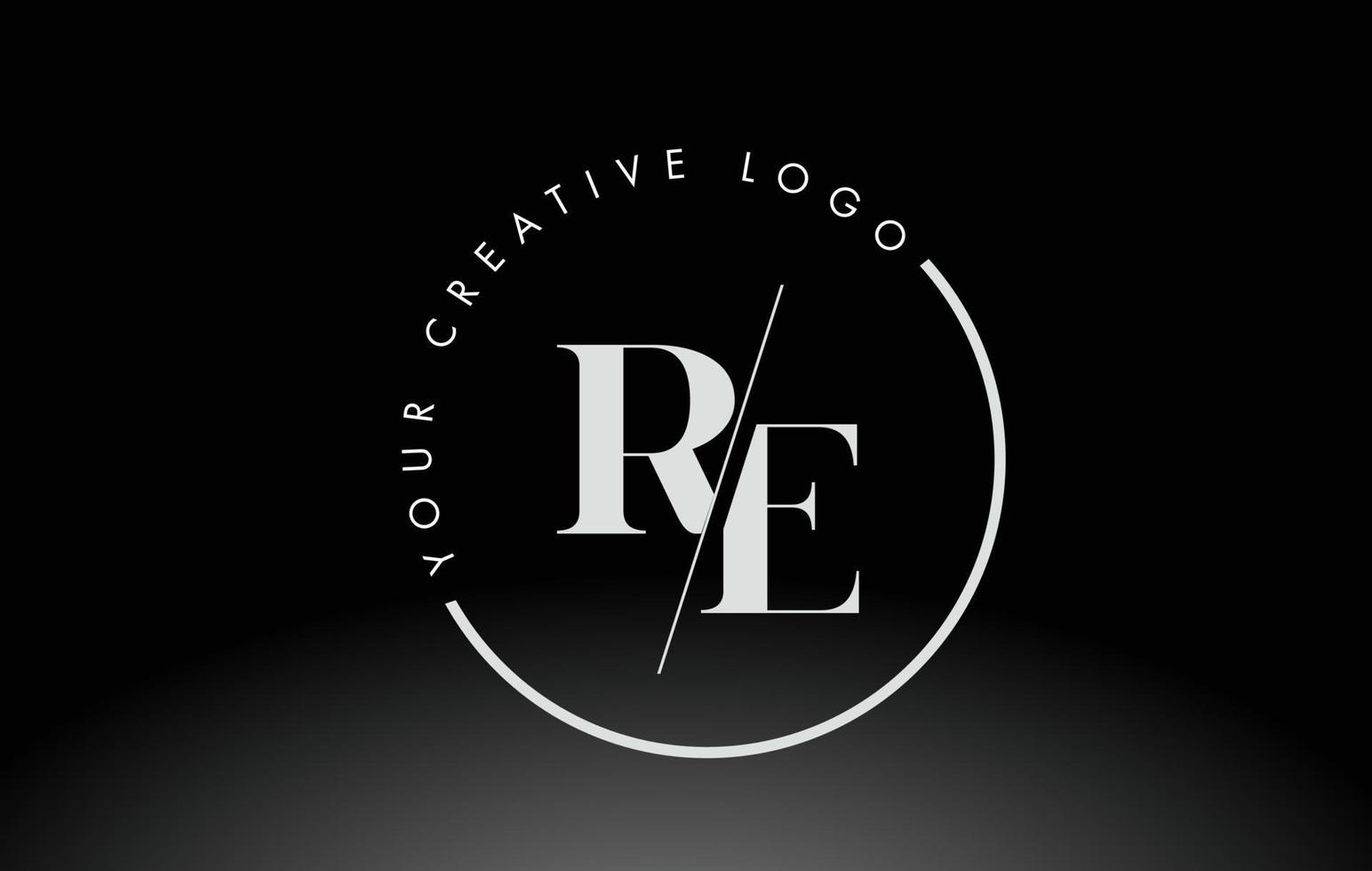 White RE Serif Letter Logo Design with Creative Intersected Cut. vector