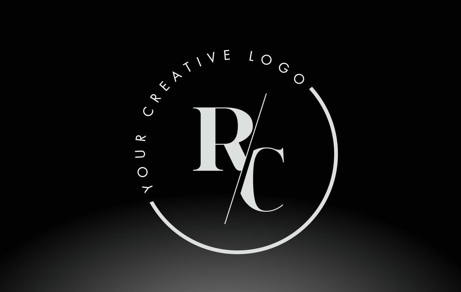 White RC Serif Letter Logo Design with Creative Intersected Cut. vector