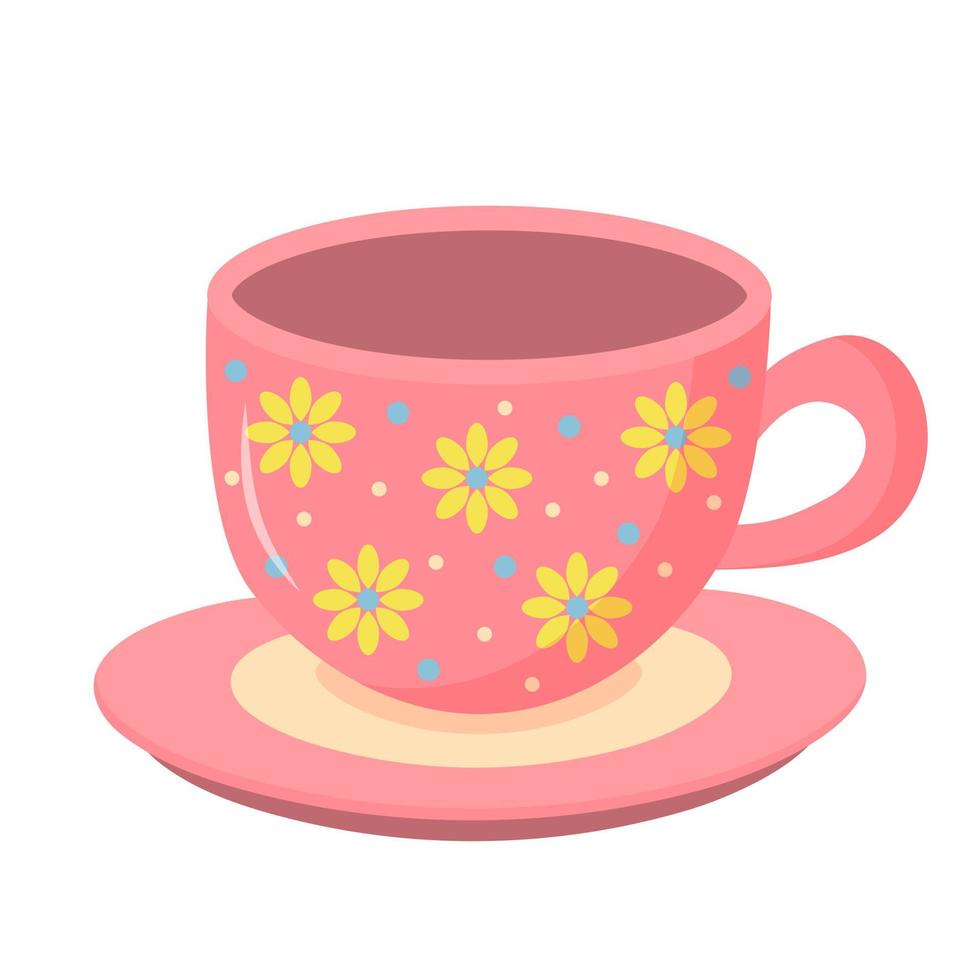 taza de cerámica con adorno floral y platillo. herramienta de cocina decorativa, utensilio doméstico. vector