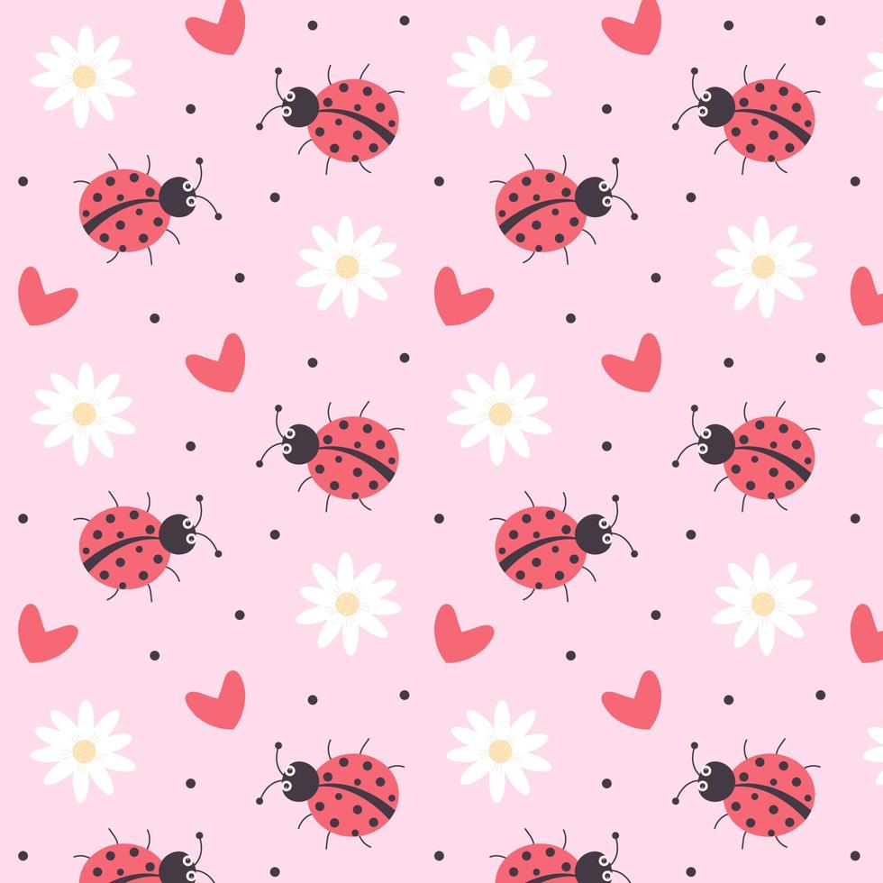 Cute cartoon ladybug, daisies, hearts and dots pattern. Can be used for textile, background, book cover, packaging. vector