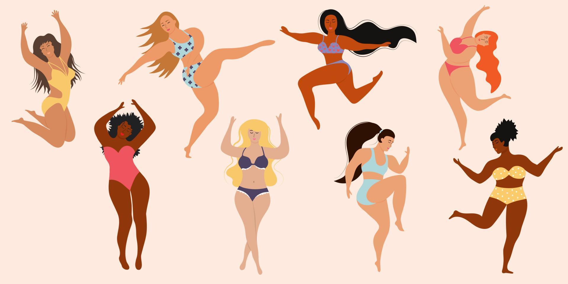 Mujeres multirraciales felices de talla grande en traje de baño están saltando y bailando. cuerpo positivo, aceptación, feminismo, fitness, concepto deportivo. vector