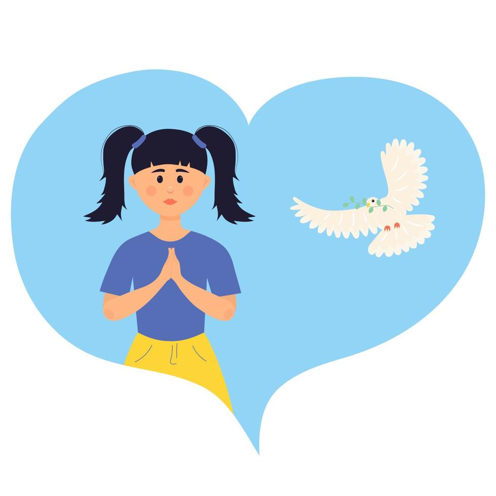 A little girl protests against the war in the heart. White dove flies nearby. Pray to Ukraine. International Day of Peace. vector