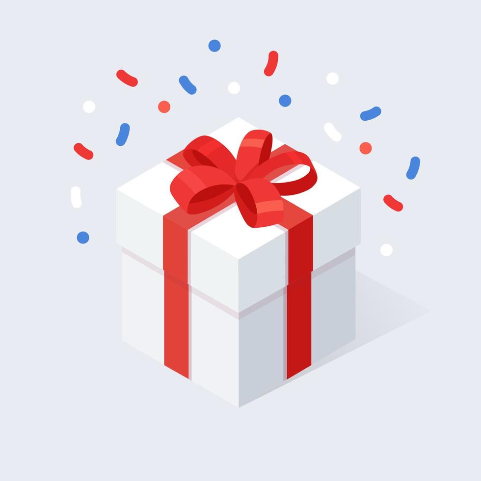 Gift box with bow, ribbon isolated on white background. 3d isometric red package, surprise with confetti. Sale, shopping. Holiday, christmas, birthday concept. Vector cartoon design