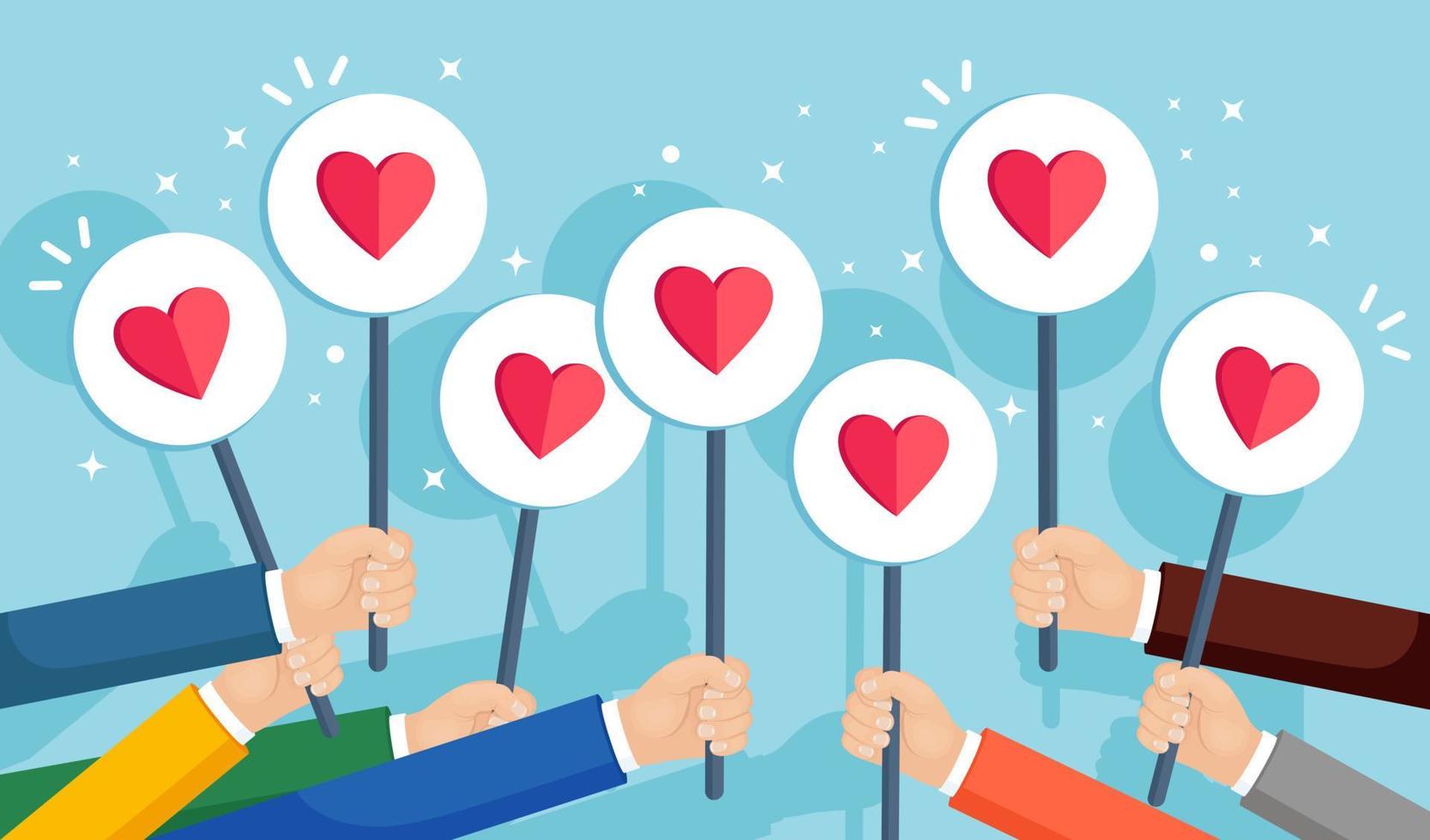 Group of business people with red heart placard. Social media, network. Good opinion. Testimonials, feedback, customer review, like concept. Valentines day. Vector flat design