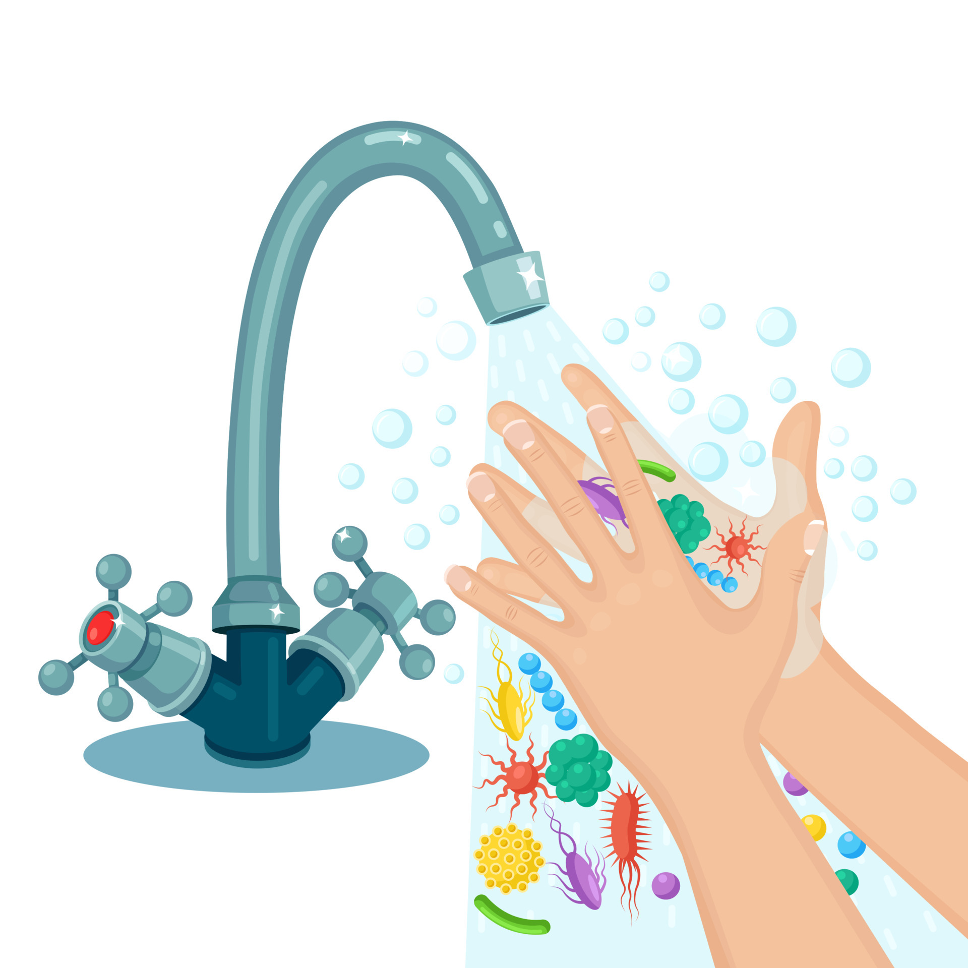 Washing hands with soap foam, scrub, gel bubbles. Water tap, faucet