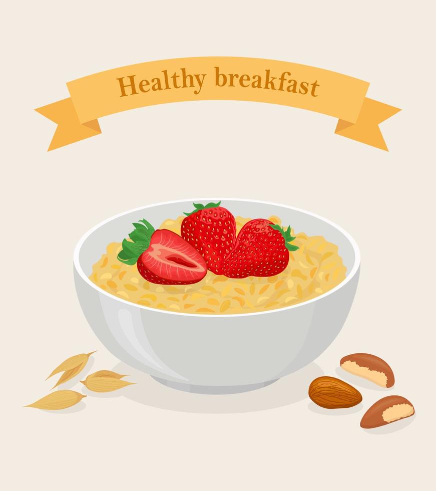 Porridge oats in bowl with strawberries, cereals and nuts vector