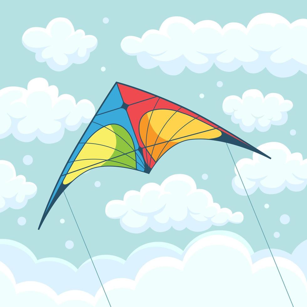 Flying colorful kite in the sky with clouds isolated on background. Summer festival, holiday, vacation time. Kitesurfing concept. Vector illustration. Flat cartoon design