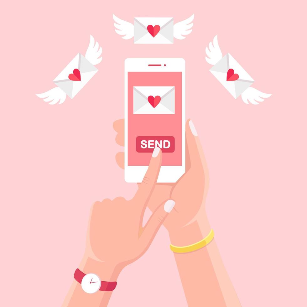 ilustración del día de san valentín. enviar o recibir sms de amor, carta, correo electrónico con teléfono móvil blanco. mano humana sostenga el teléfono celular, teléfono inteligente aislado en el fondo. sobre con corazón rojo. diseño plano vectorial vector