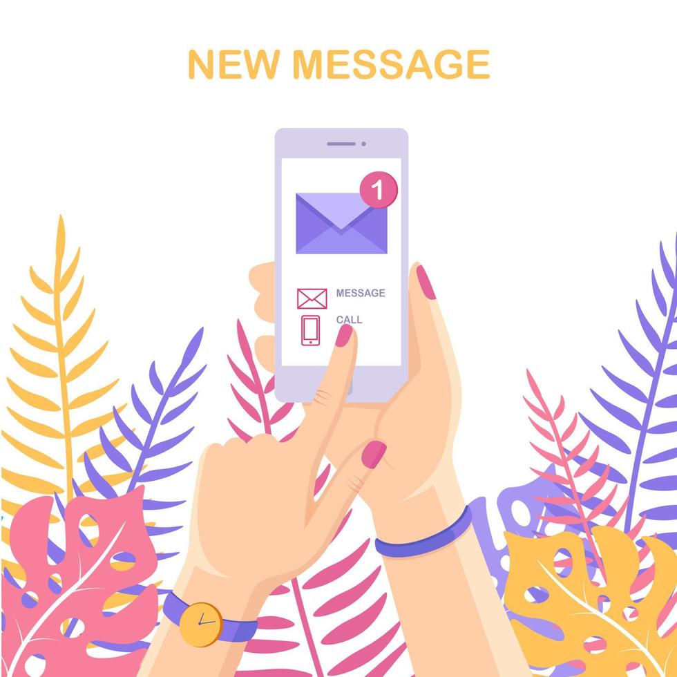 White smartphone with message notification on screen. Mobile phone alert about new email. Vector cartoon design