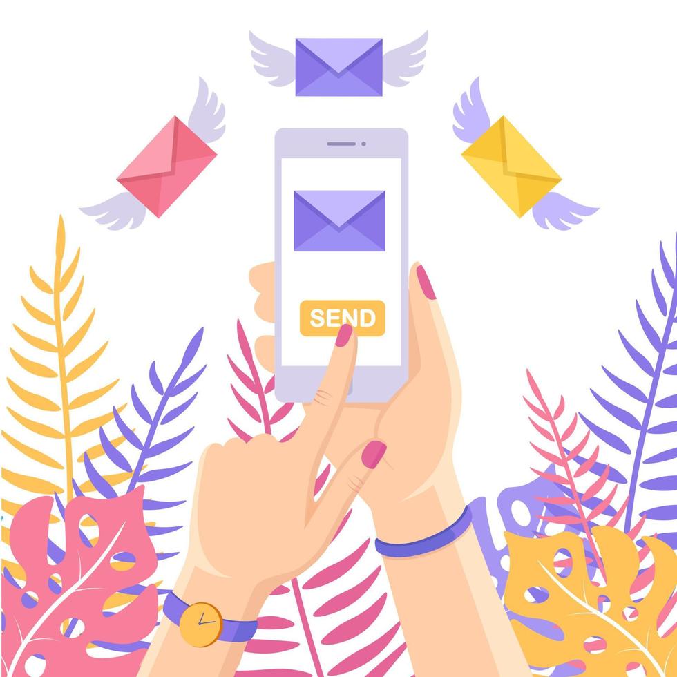 Send or receive sms, letter, message with white mobile phone. Human hand hold cellphone isolated on background. Smartphone email app. Flying envelope with wings. Vector flat design