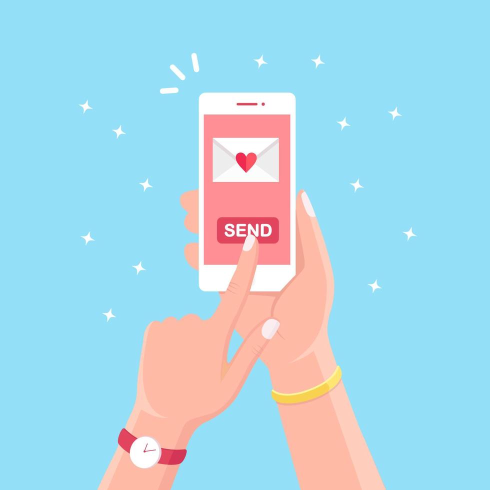 ilustración del día de san valentín. enviar o recibir sms de amor, carta, correo electrónico con teléfono móvil blanco. mano humana sostenga el teléfono celular, teléfono inteligente aislado en el fondo. sobre con corazón rojo. diseño plano vectorial vector