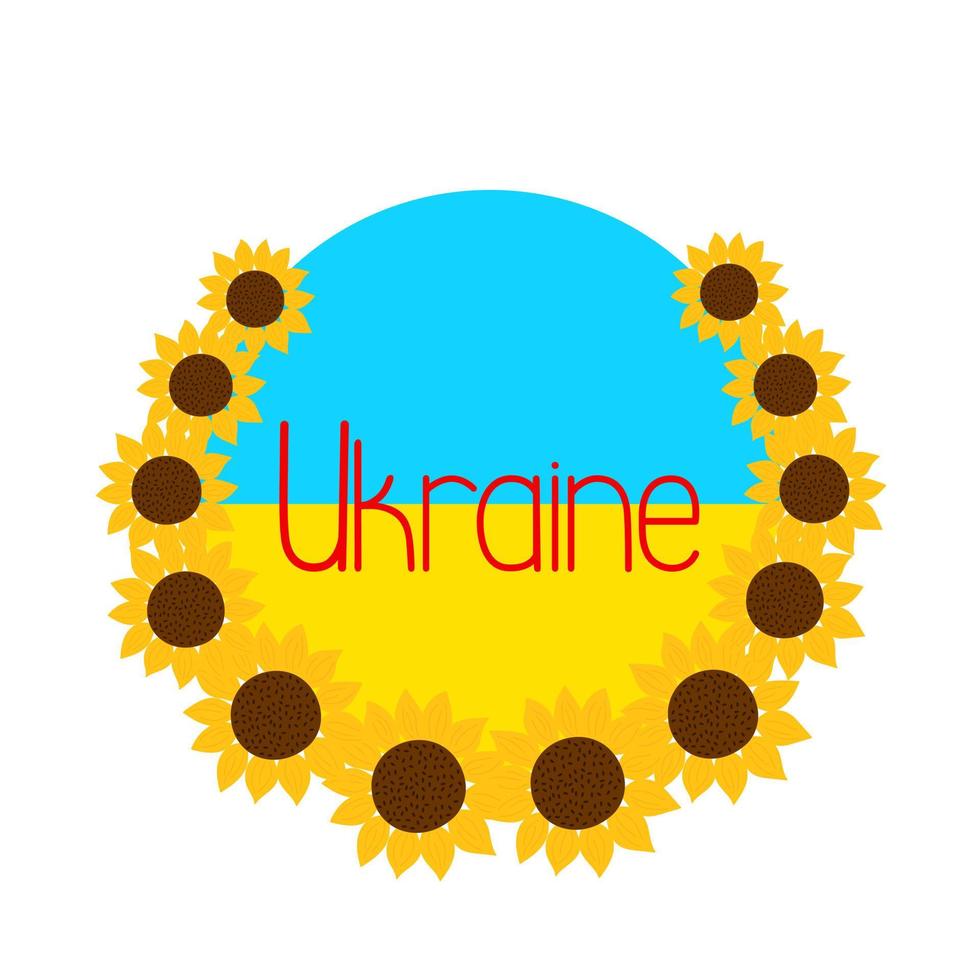Ukraine symbolic sunflower wreath with the traditional Ukrainian flag colors blue and yellow background, symbol of clear sky and ripe wheat or sunflower fields, support during the hard war period vector