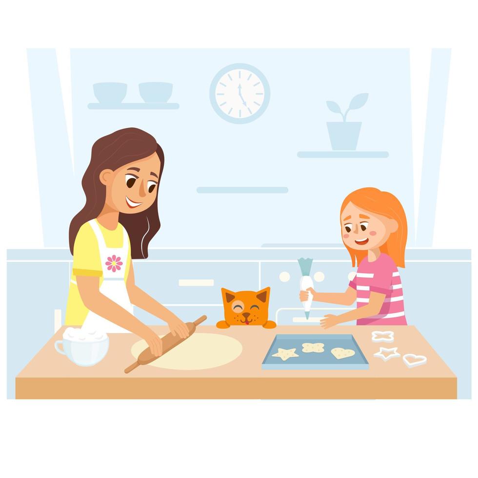 Mother and daughter make cookies together on the kitchen. vector