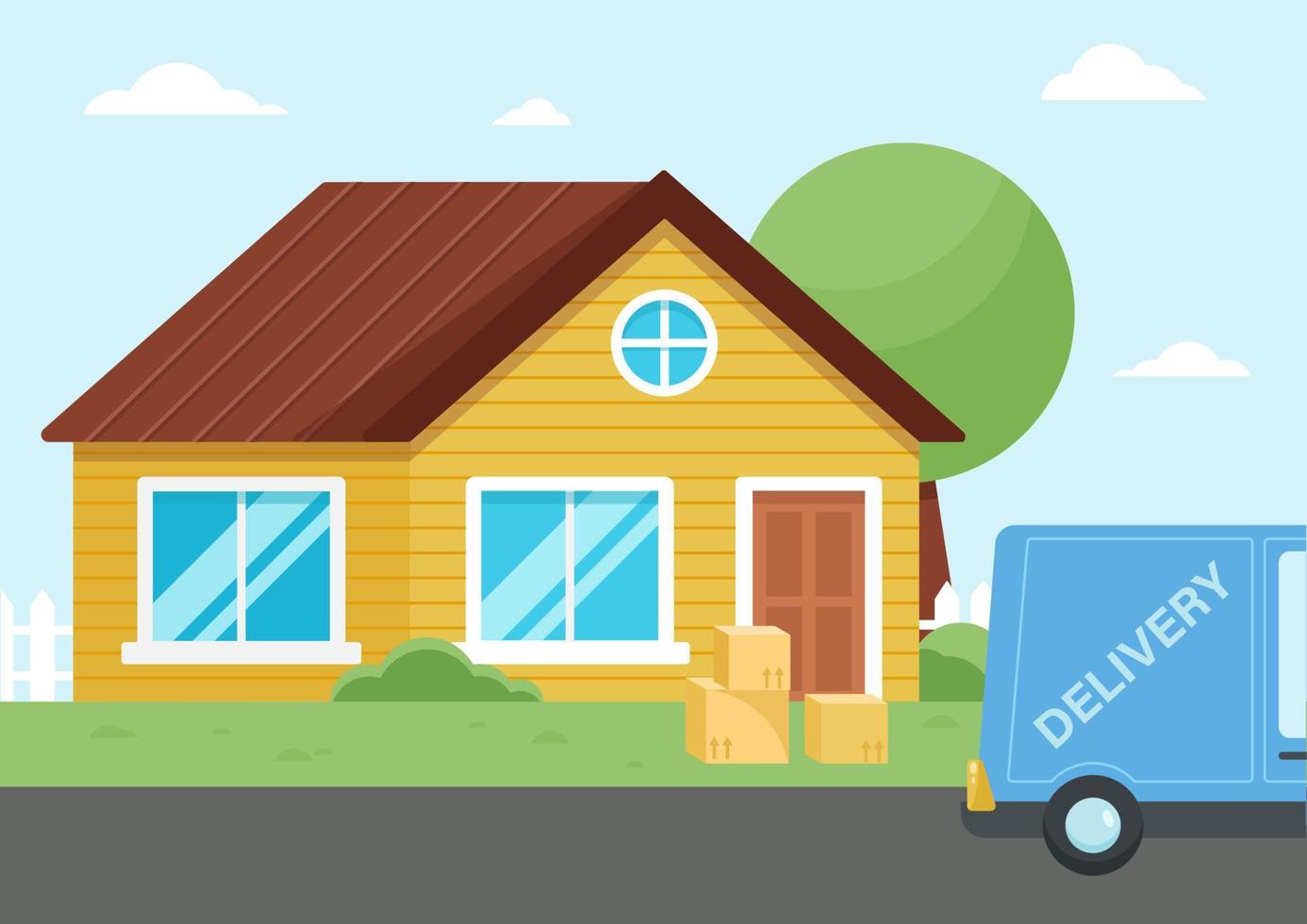 Delivery to door. Countryside building exterior. vector