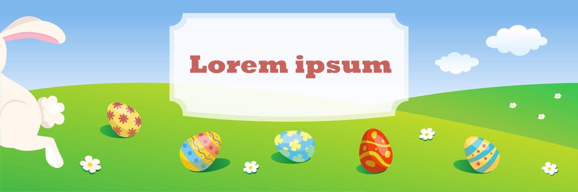 Easter banner with colorful eggs and a running rabbit vector