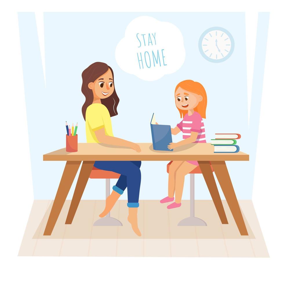 The girl does homework with her mother. vector