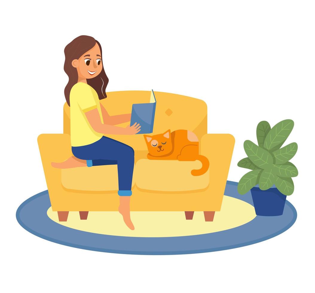 Young woman staying at home and reading a book during coronavirus quarantine vector