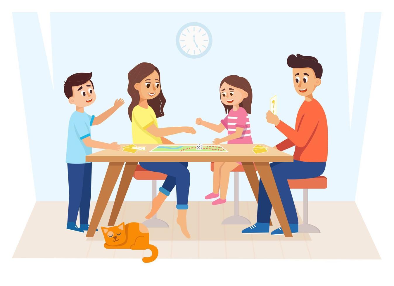 Family playing a board game. Cartoon colorful vector illustration.