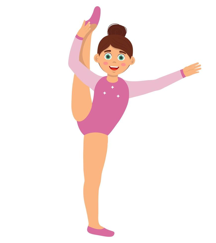 chica feliz vestida con leotardo rosa haciendo ejercicios de gimnasia. vector