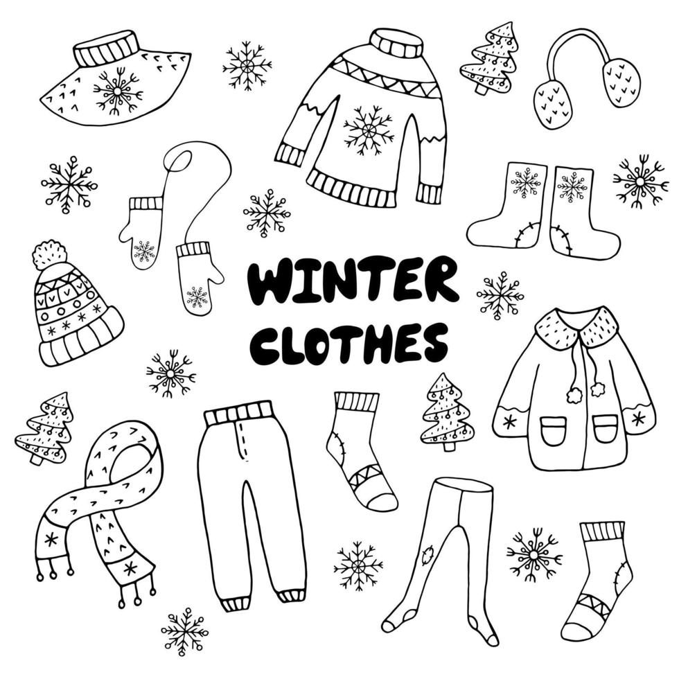 Set of hand drawn winter clothes. Black and white sketch vector