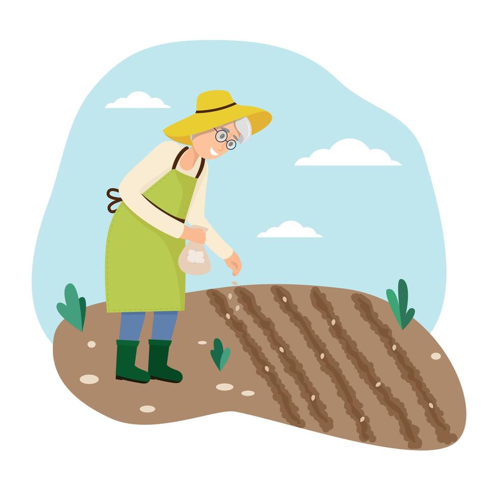 Old woman sows grain. Vector illustration flat design. Isolated on white background.