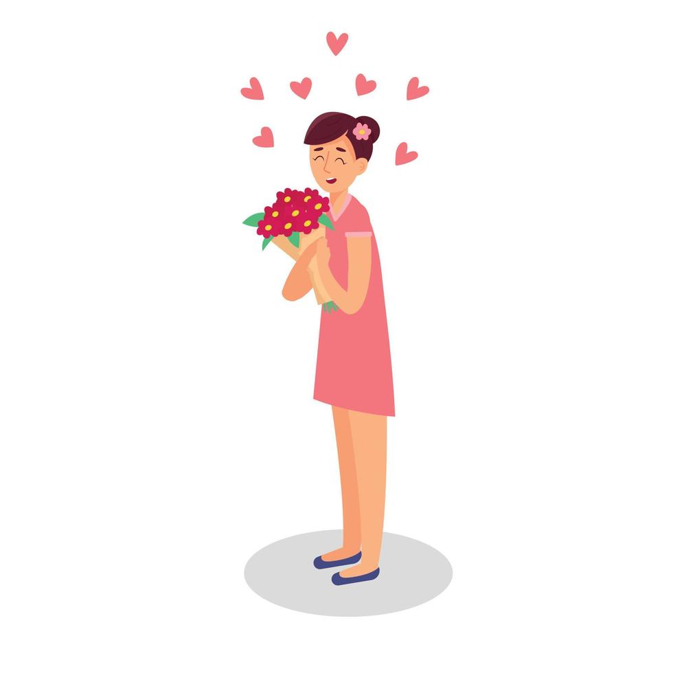 Cute girl holding a bouquet of flowers. Design for the holiday of spring, anniversary, birthday, st.valentine. vector