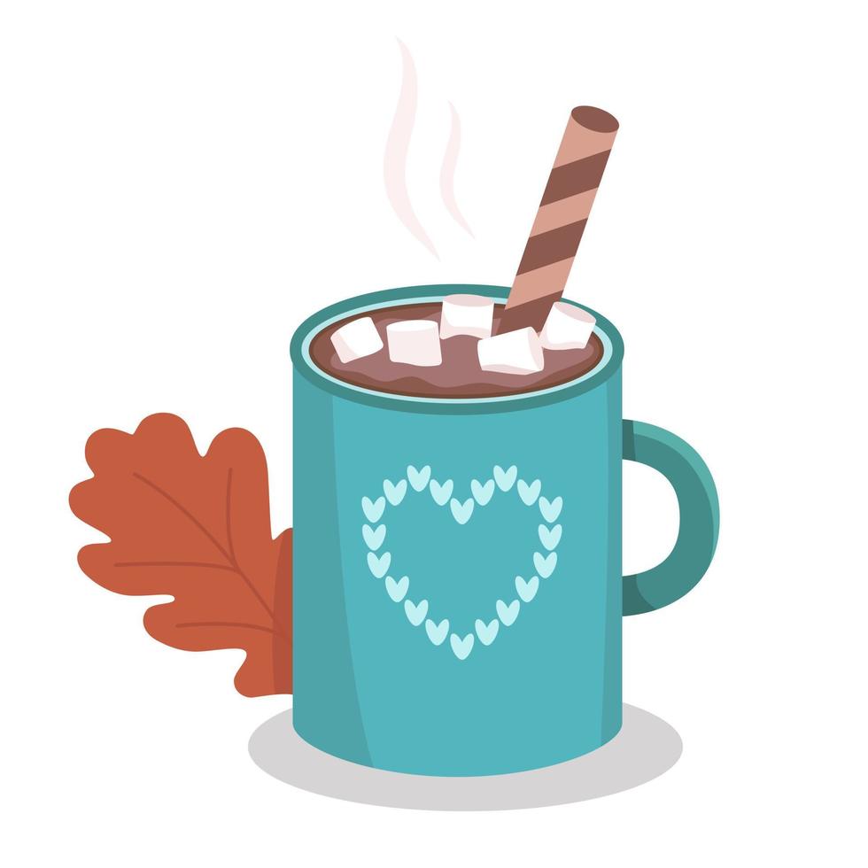 Hot cocoa with marshmallow and wafer roll. Autumn warming drink vector