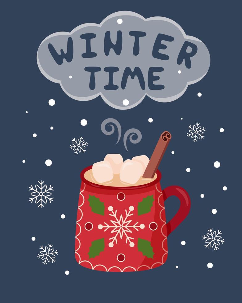 tarjeta de felicitación con una foto de una taza colorida al estilo navideño. acogedor invierno vector